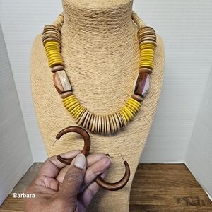 Bohemian Wooden Disk Necklace and Pierced 3/4 Hoop Earring Set